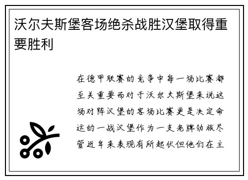 沃尔夫斯堡客场绝杀战胜汉堡取得重要胜利